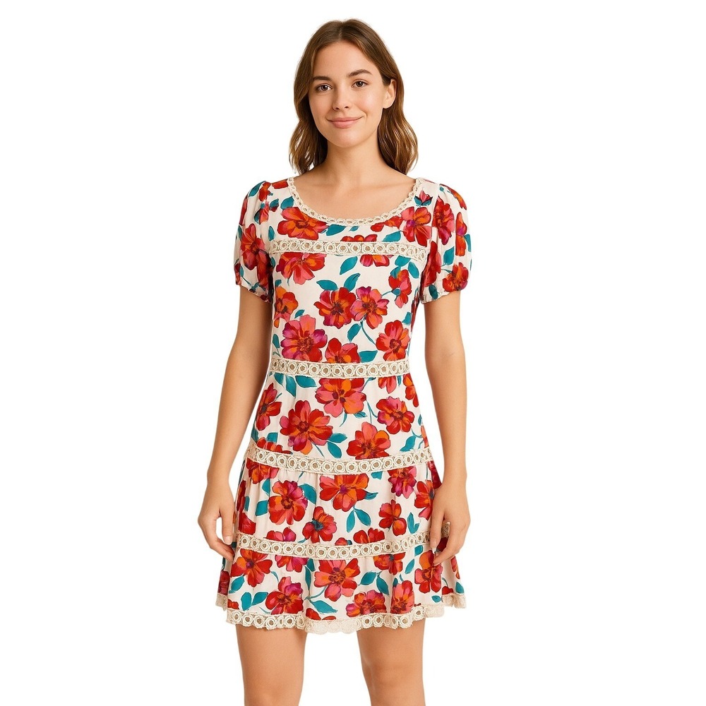 B. DARLIN Dress Multicolor Floral Print Crochet Trim Mini Juniors Size 9/10